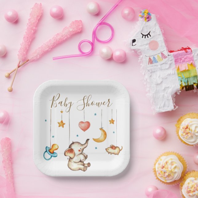 Platos de papel para baby shower de elefante bebé  (Fiesta)