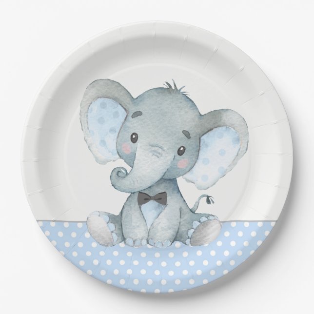 Platos de papel para baby shower de elefante bebé  (Anverso)