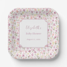 Platos de papel para baby shower de flores rosadas