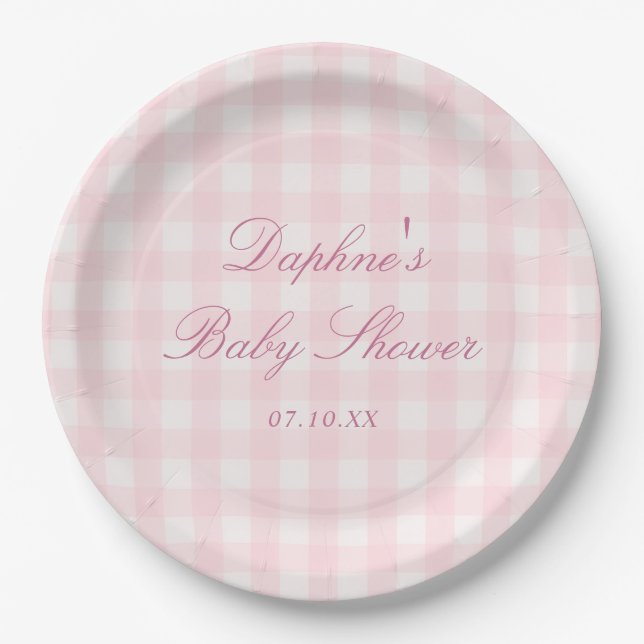 Platos de papel para baby shower de gingham rosa c (Anverso)