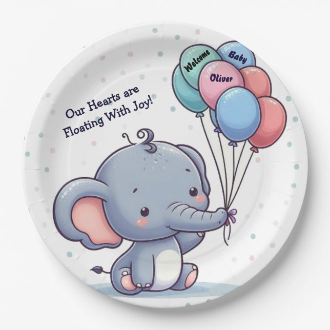 Platos de papel para baby shower de globo de elefa (Anverso)
