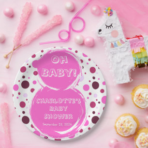 Platos de papel para baby shower de lunares rosado
