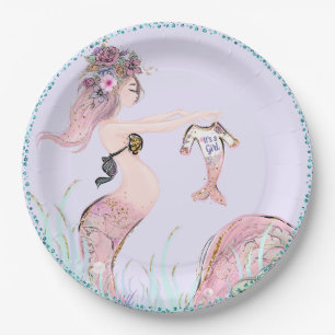 Platos de papel para baby shower de mamá sirena