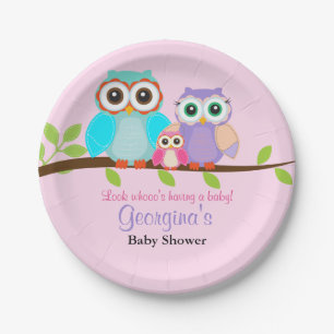 Platos de papel para baby shower de niña búho lind