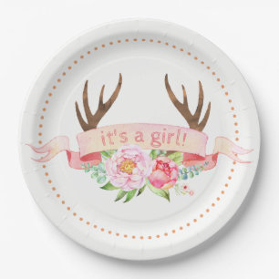 Platos de papel para baby shower de niña con cuern