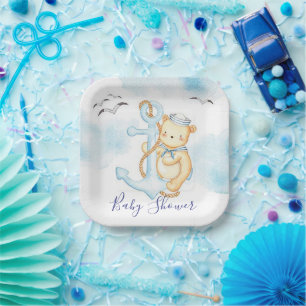 Platos de papel para baby shower de osito marinero