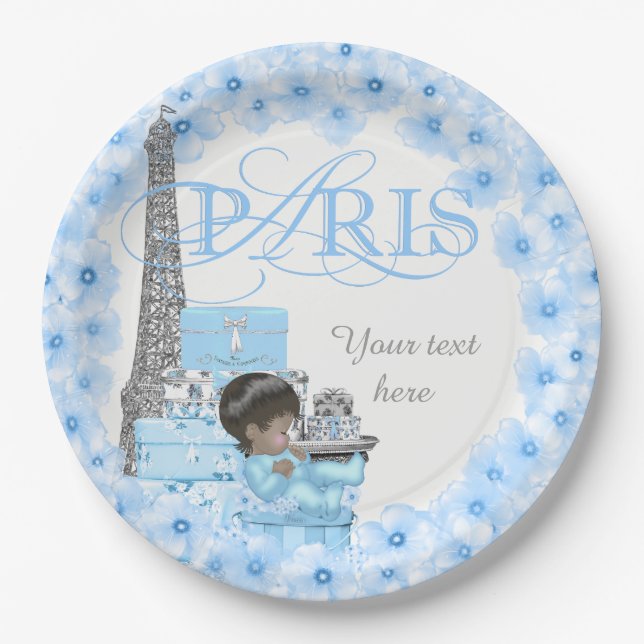Platos de papel para baby shower de París Niño Étn (Anverso)