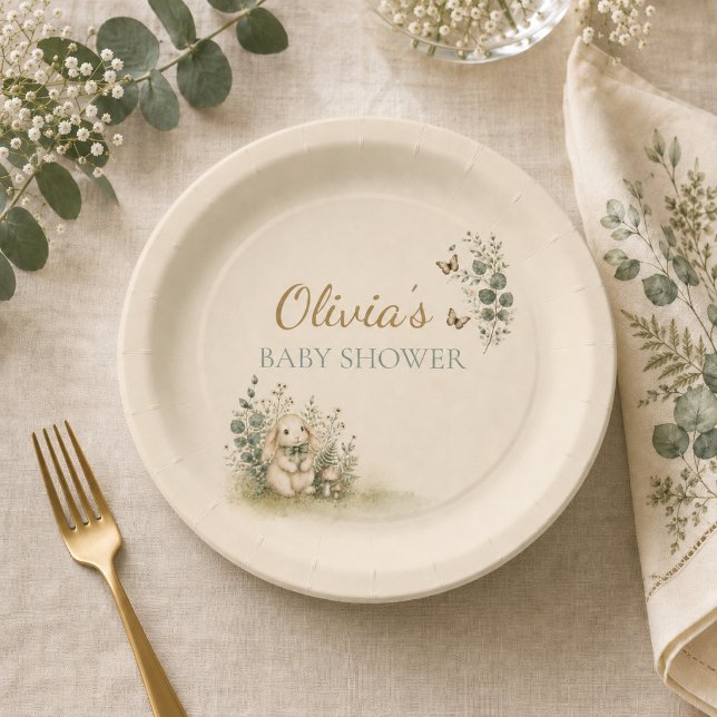 Platos de papel para baby shower neutro de conejit (Bunny Woodland Neutral Baby Shower Paper Plates)