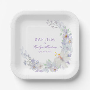 Platos de papel para bautizo con flores de lavanda