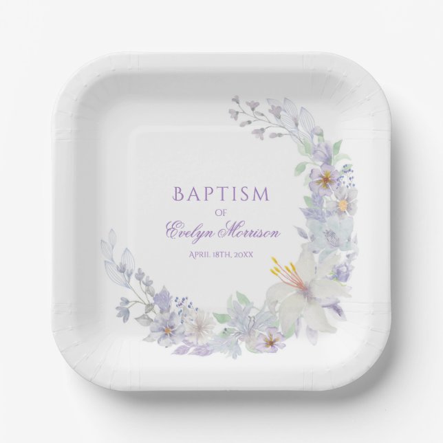 Platos de papel para bautizo con flores de lavanda (Anverso)
