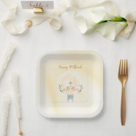 Platos de papel para bautizo florales Cruz Dorada