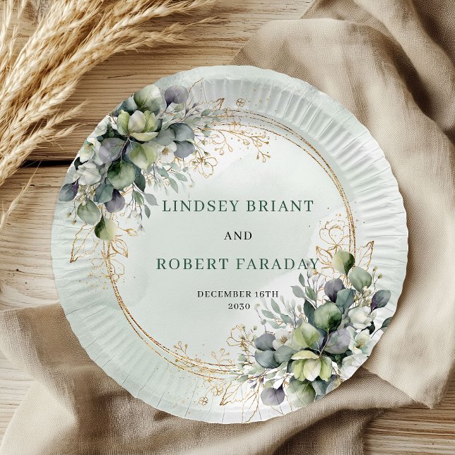 Platos de papel para boda botánicos verde dusty ch (Chic Dusty Green Botanical Wedding Paper Plates)