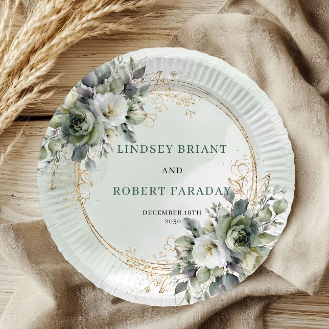 Platos de papel para boda botánicos verde salvia b (Bohemian Sage Green Botanical Wedding Paper Plates)