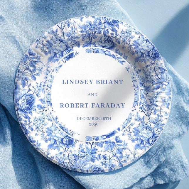Platos de Papel para Boda Chic Rosas Azul Real (Royal Blue Roses Chic Wedding Paper Plates)
