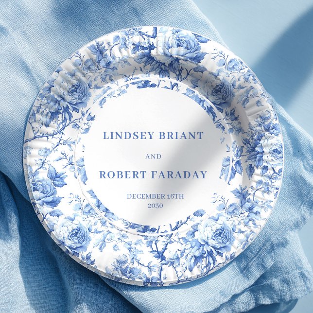 Platos de papel para boda con flores azul real (Royal Blue Floral Wedding Paper Plates)