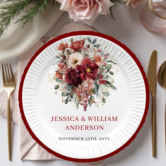 Platos de papel para boda con flores granate de ot (Timeless Fall Maroon Floral Wedding Paper Plates

)