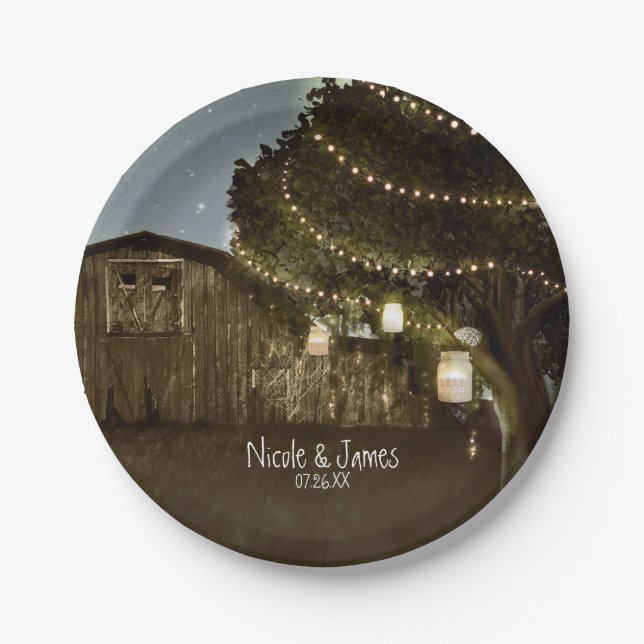 Platos de papel para boda con luces de granero rús (Anverso)