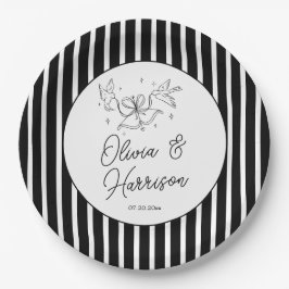 Platos de papel para boda con rayas blancas y negr