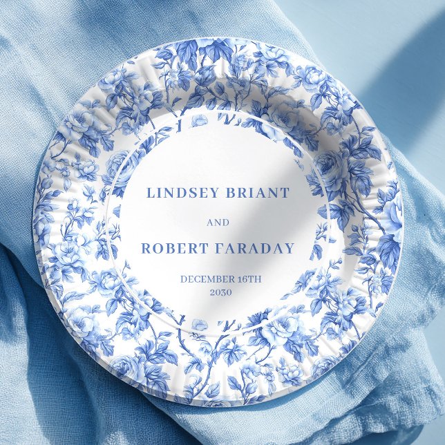 Platos de papel para boda con rosas toile de navy  (Chic navy toile roses wedding party paper plates

)