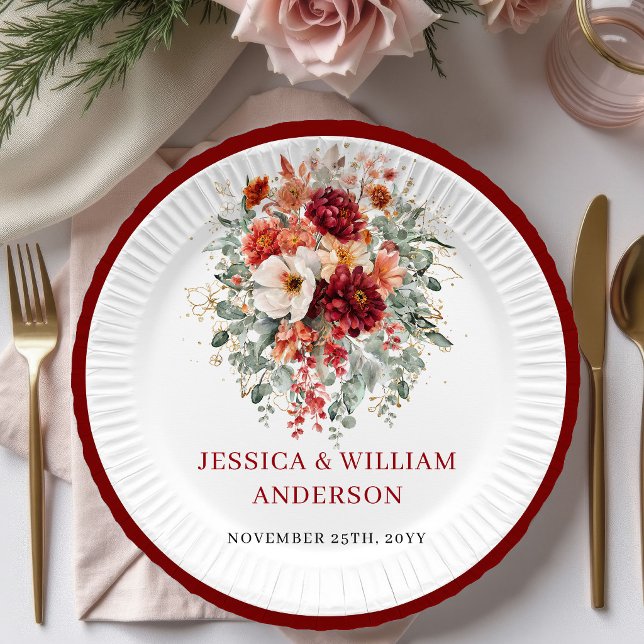 Platos de papel para boda con vegetación de Borgoñ (Modern Burgundy Greenery Wedding Paper Plates

)