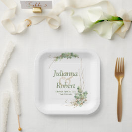 Platos de papel para boda de eucalipto y oro