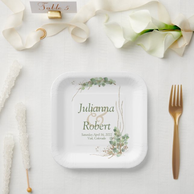 Platos de papel para boda de eucalipto y oro (Boda)
