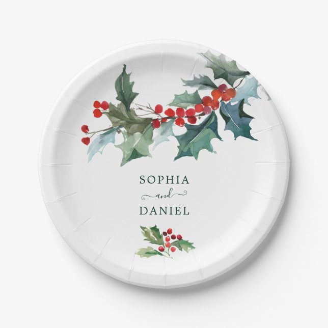 Platos de papel para boda de Navidad Holly (Anverso)