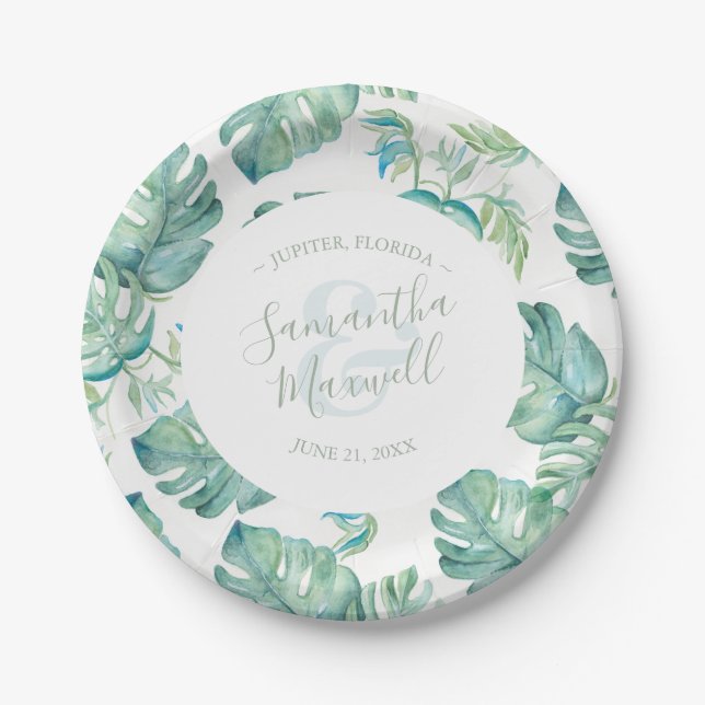 Platos de papel para boda de vegetación tropical (Anverso)