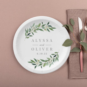 Platos de papel para boda elegante con vegetación