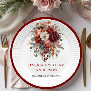 Platos de papel para boda floral de otoño Marsala 