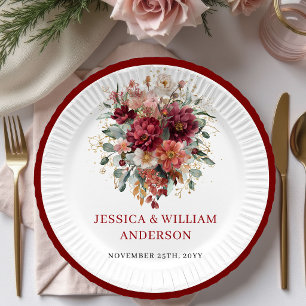 Platos de papel para boda florales burgundy Glam F