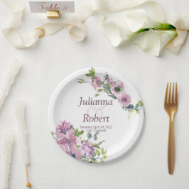 Platos de papel para boda florales de acuarela púr