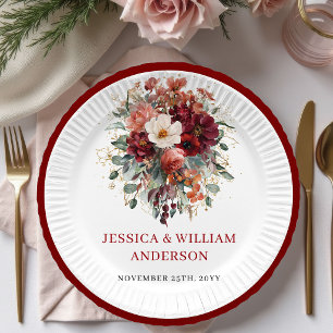 Platos de papel para boda florales de rojo profund
