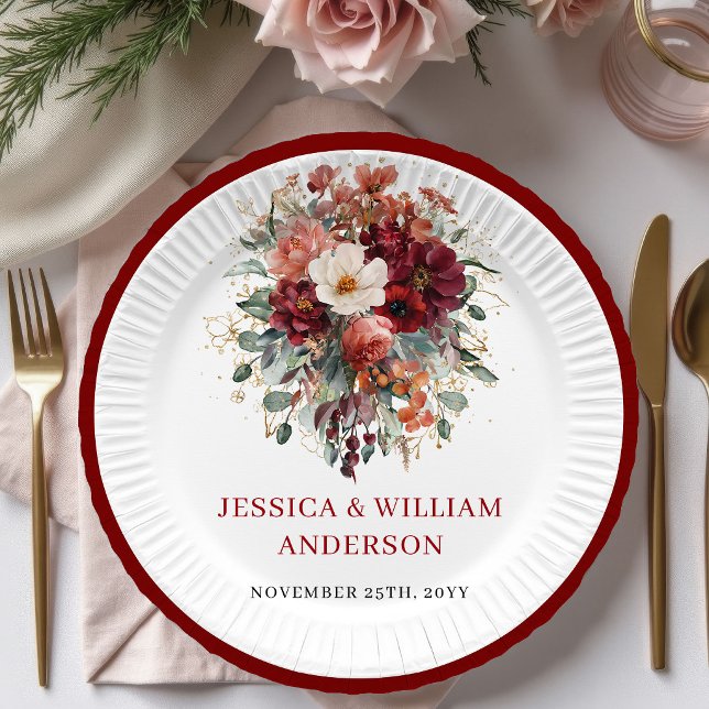 Platos de papel para boda florales de rojo profund (Autumnal Deep Red Floral Wedding Paper Plates

)