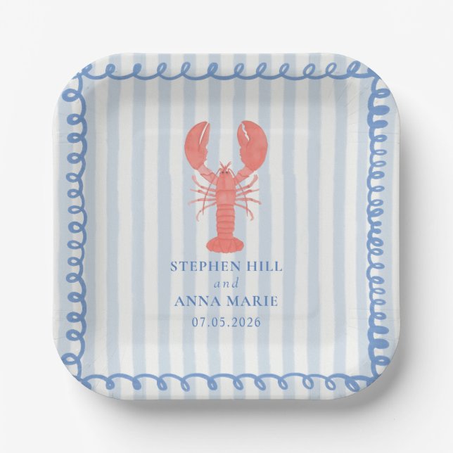 Platos de papel para boda náutica de langosta (Anverso)