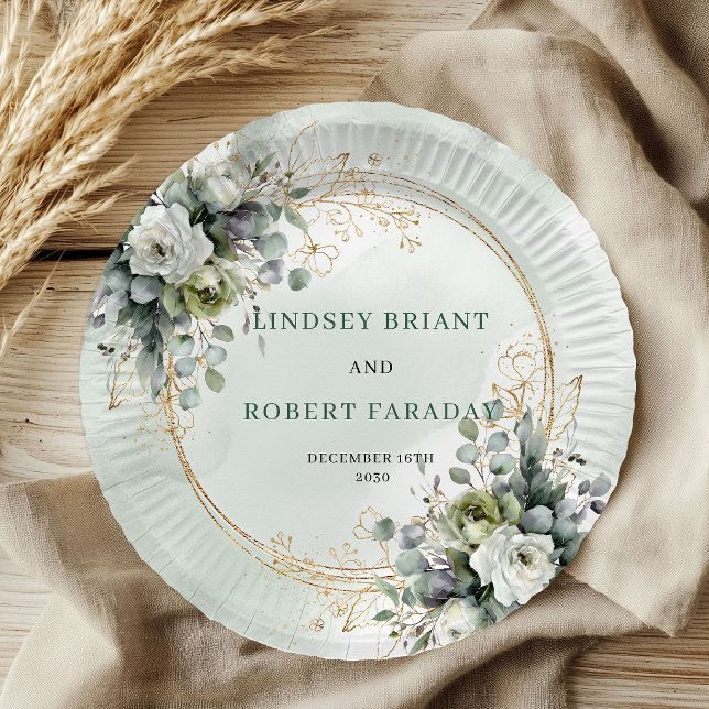 Platos de papel para boda romántica boho verde sal (Romantic Boho Sage Green Wedding Paper Plates)