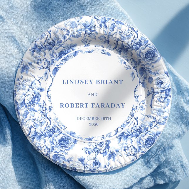 Platos de papel para boda romántica con rosas Navy (Navy Roses Romantic Wedding Paper Plates)