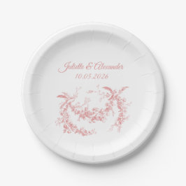 Platos de papel para boda Toile de Jouy rosa sonro