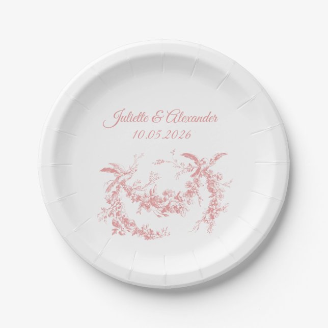 Platos de papel para boda Toile de Jouy rosa sonro (Anverso)