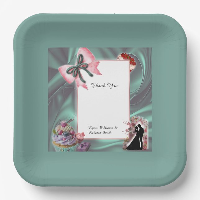 Platos de Papel para Boda Turquesa y Rubor (Anverso)