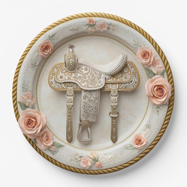 Platos de papel para boda western Saddle & Sparkle (Anverso)