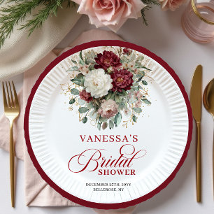 Platos de Papel para Bridal Shower Floral Burgundy