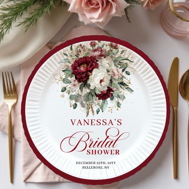 Platos de Papel para Brunch Nupcial Floral de Borg (Luxury Burgundy Floral Bridal Shower Paper Plates)