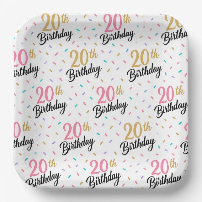 Platos de papel para cumpleaños 20, fiesta vigésim (Anverso)
