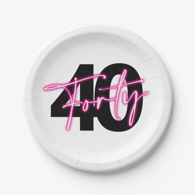 Platos de papel para cumpleaños 40 negro neon rosa (Anverso)