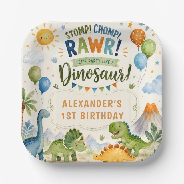 Platos de papel para cumpleaños de dinosaurio lind (Anverso)