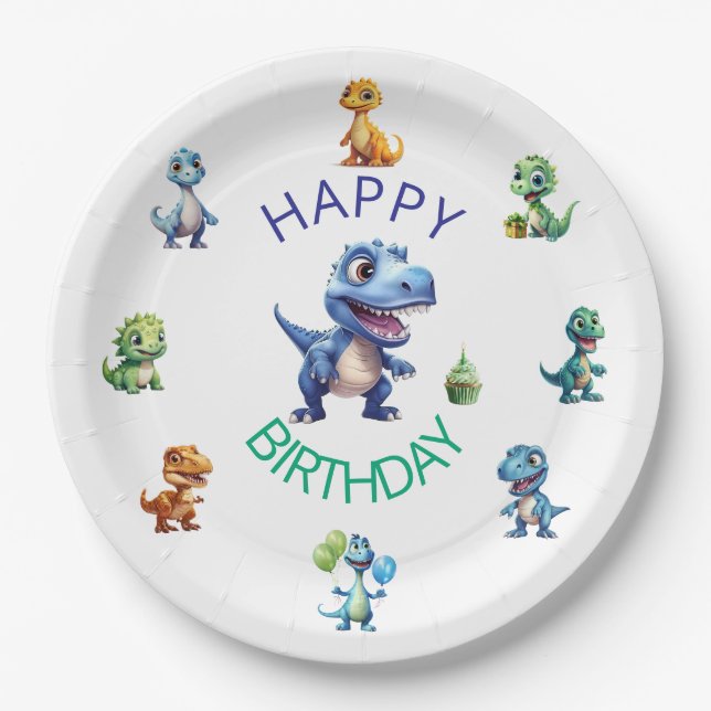 Platos de papel para cumpleaños de Dinosaurio niño (Anverso)