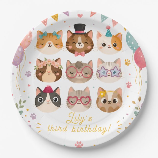 Platos de papel para cumpleaños de gato adorable (Anverso)