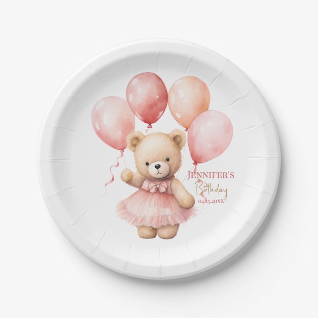 Platos de papel para cumpleaños de niña con oso de (Anverso)