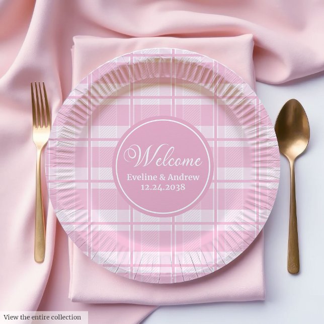 Platos de papel para cumpleaños de niños Cuadros r (Kids Birthday Paper Plates Pink Plaid Custom Keepsake)